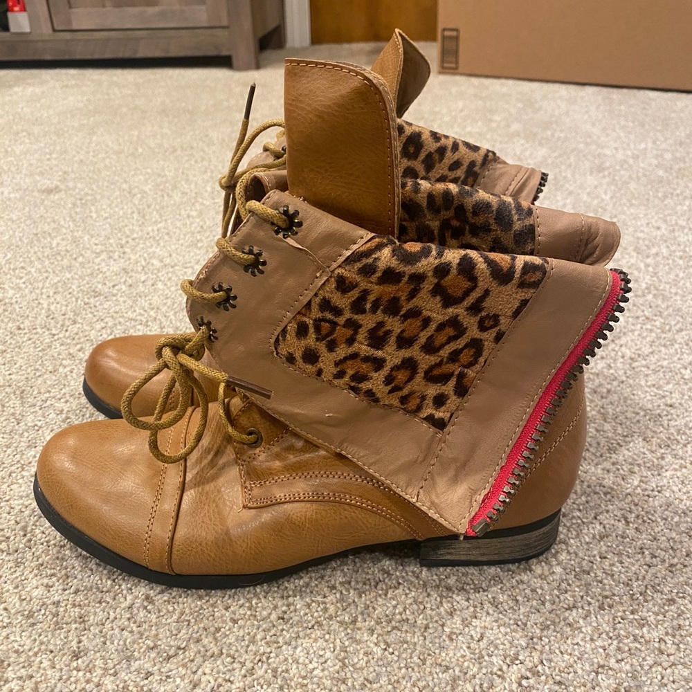 Tan and cheetah print combat boots